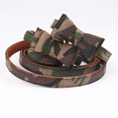 Camouflage Pet Collar With Bowtie Adjustable Dog Collar and Leash Set Pu Leather Comfortable Dog Leash Pet Supplies