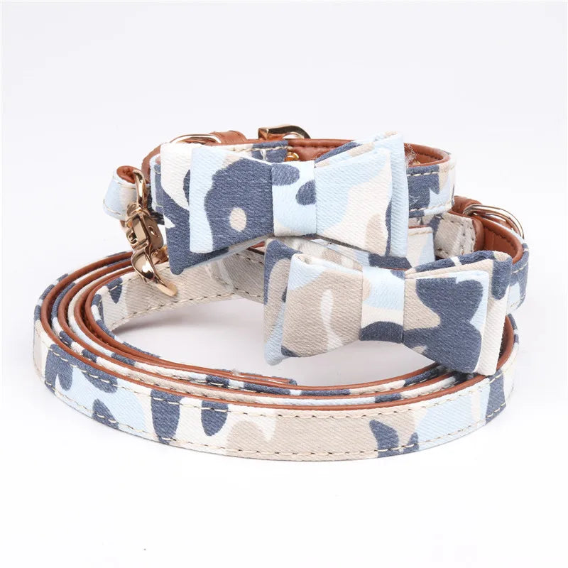 Camouflage Pet Collar With Bowtie Adjustable Dog Collar and Leash Set Pu Leather Comfortable Dog Leash Pet Supplies