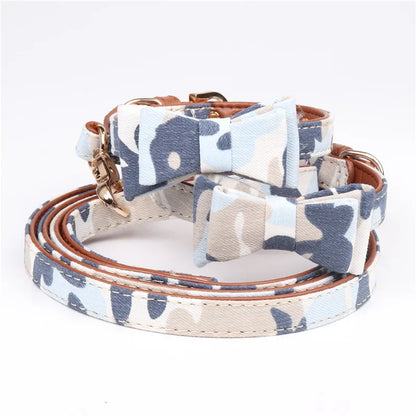 Camouflage Pet Collar With Bowtie Adjustable Dog Collar and Leash Set Pu Leather Comfortable Dog Leash Pet Supplies